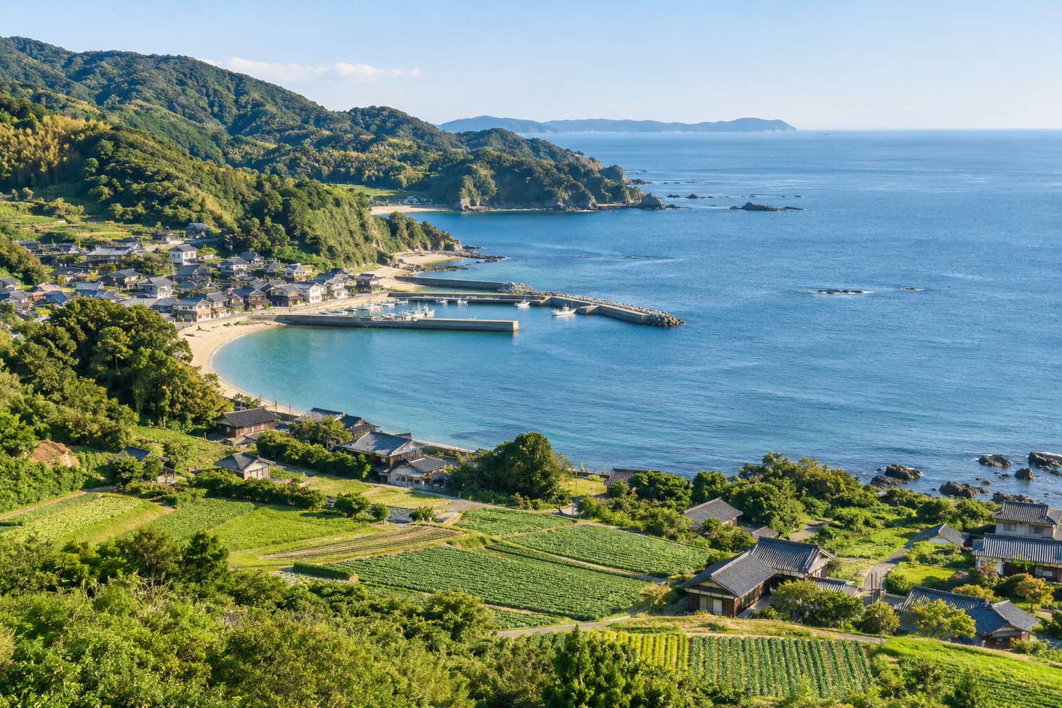 海と畑と集落が広がる、地域の未来をイメージした風景